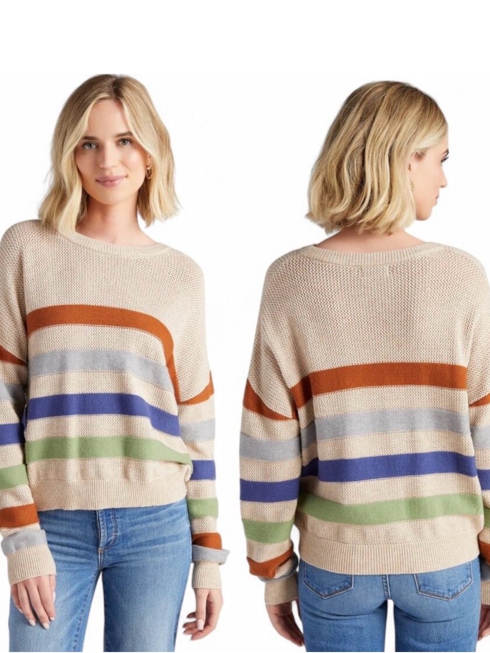 5/$25!! Beige Crewneck Sweater with Rust, Blue, Gray & Sage Stripes